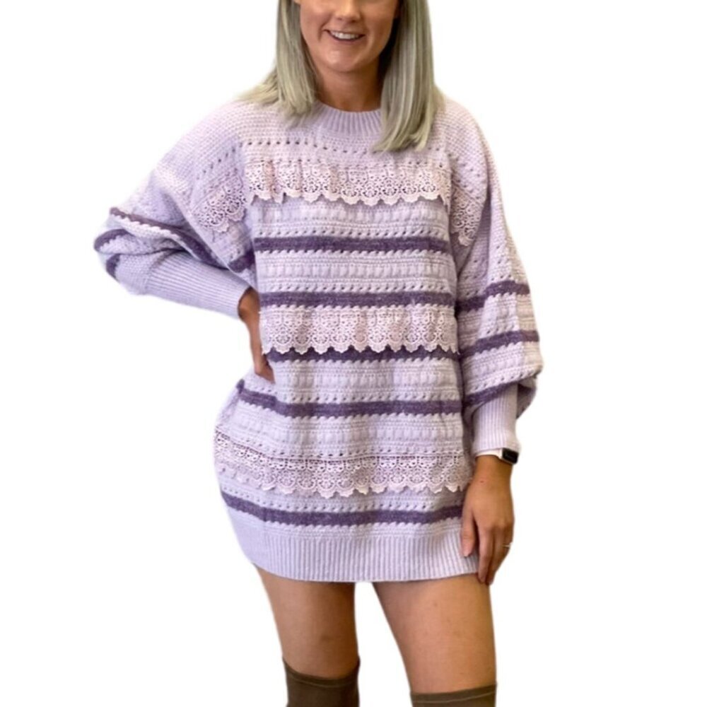 Purple Fringe Chunky Knit Lace Sweater Striped Ribbed Oversized - Picture 2 of 14